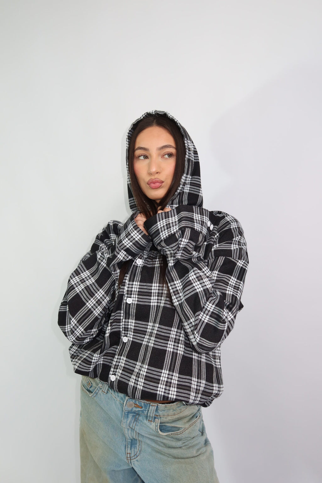Oversized Geruite  Blouse met Capuchon